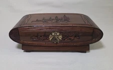 VTG Jewelery Box Hand Carved Asian Wooden Chest Mirror Wood Trinkets 