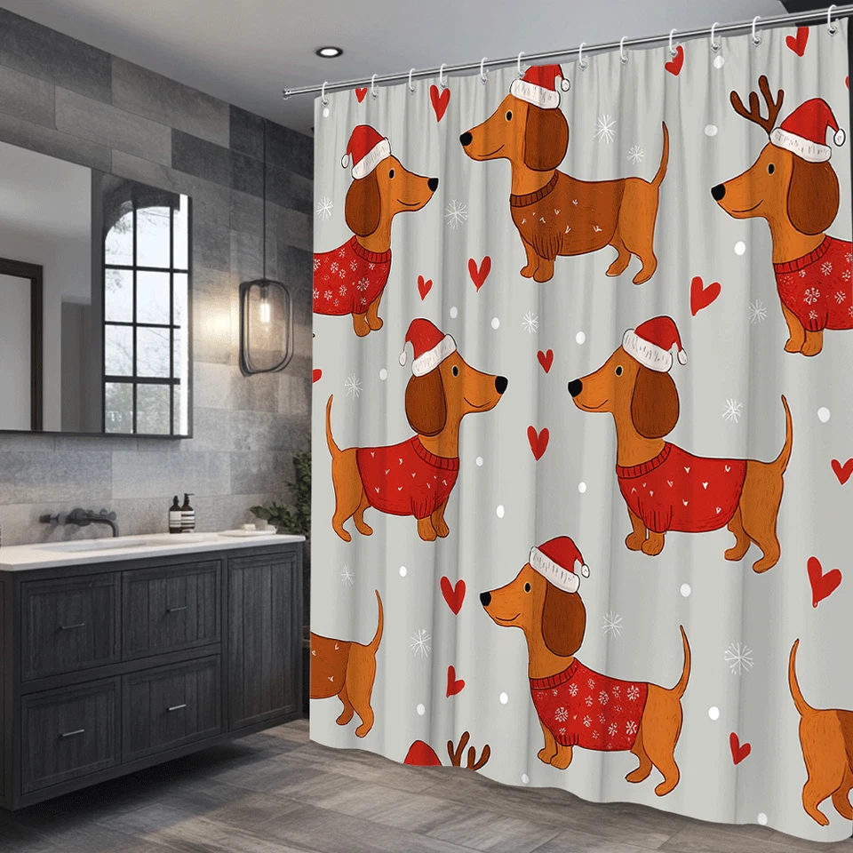 Linda Cortina de Ducha de Navidad con Dachshunds y Corazones Foto 4 de 4
