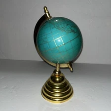 Rotating Table Top World Globe Turquoise Blue & Gold Nickel Gold Base Home Decor
