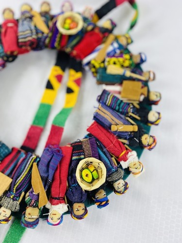 Guatemalan Handmade Worry Doll Wreath Folk Art 12" Multicolor Vintage 80 - Picture 4 of 7