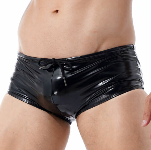 Wet Look Mens Patent Leather Boxer Shorts Swimming Drawstring Trunks Clubwear - Picture 5 of 13