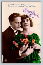 c1924 Loving Couple HAPPY NEW YEAR Belgium Hand Color Tinted ANTIQUE Postcard