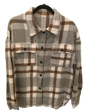 Women  s Plaid Flannel Shacket Jacket Gray Brown Sz Medium