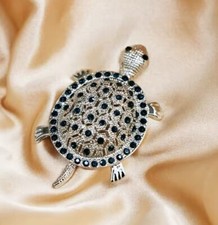 Luxury Rhinestone Silver Turtle Brooch Pin Crystal Vintage Black Stones Pin Gift