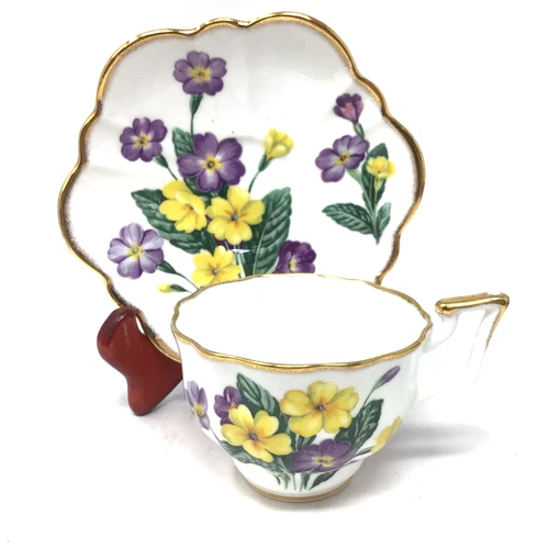 Vintage Salisbury Teacup & Saucer Purple Yellow Flowers England Bone China