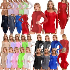 Womens Glossy Oil-shiny Bodycon Dress Smooth Tight Skirt Long Sleeve Nightwear