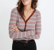 MADEWELL WOMEN'S MULTICOLOR STRIPE LONG SLEEVE FINE RIBBED HENLEY TEE TOP Sz L