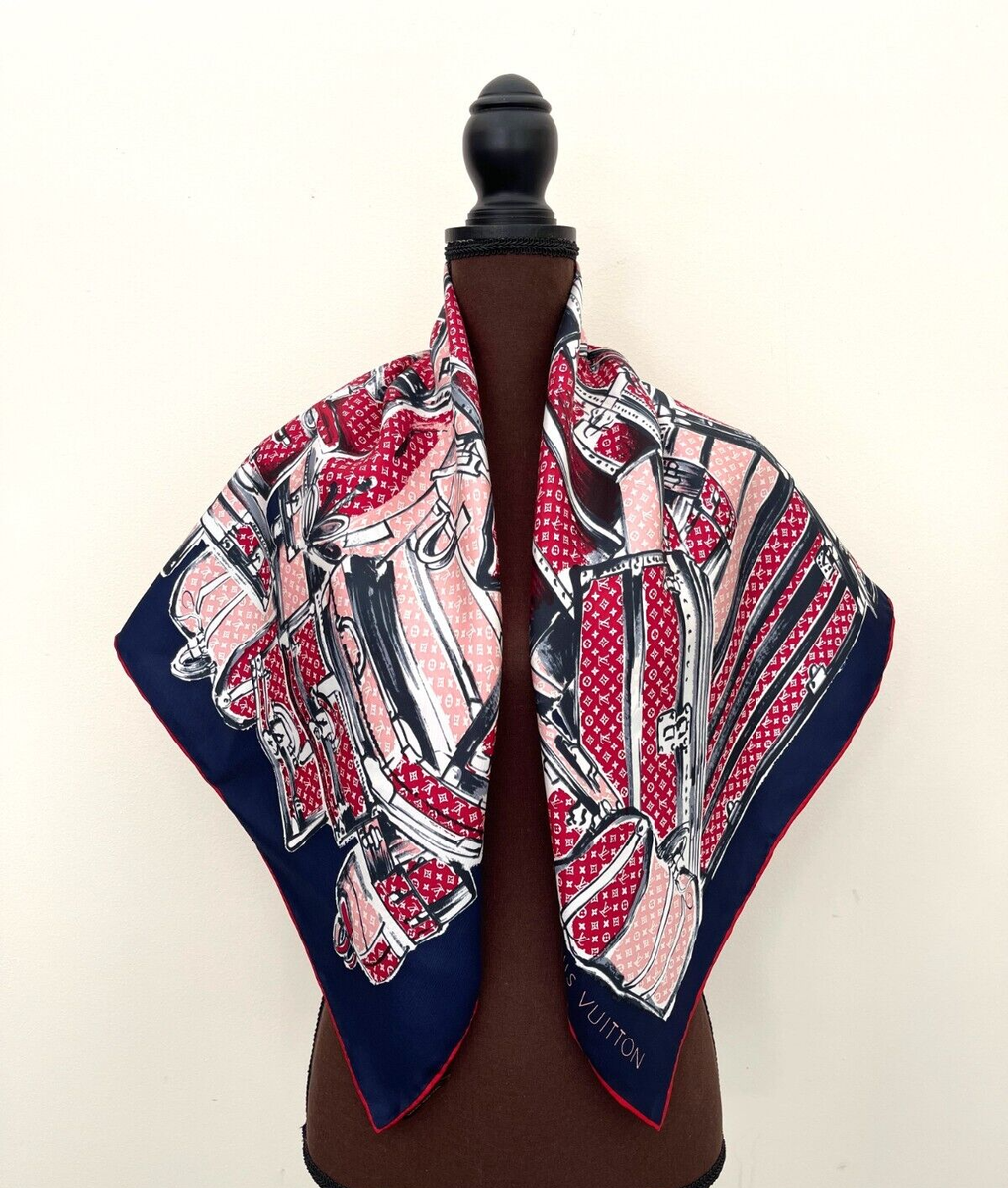 Louis Vuitton Red and Blue Silk Scarf New Unisex Louis Vuitton Monogram Pattern Logo Blue Red Silk  main image 2