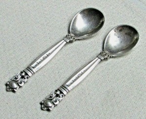 Vtg Sterling Silver Pair Salt Spoon GEORG JENSEN Denmark Sign Acorn Pattern 1r