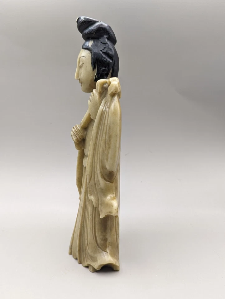 Estátua de lótus antiga chinesa da dinastia Qing esculpida à mão pedra-sabão Quan Yin - Imagem 3 de 4