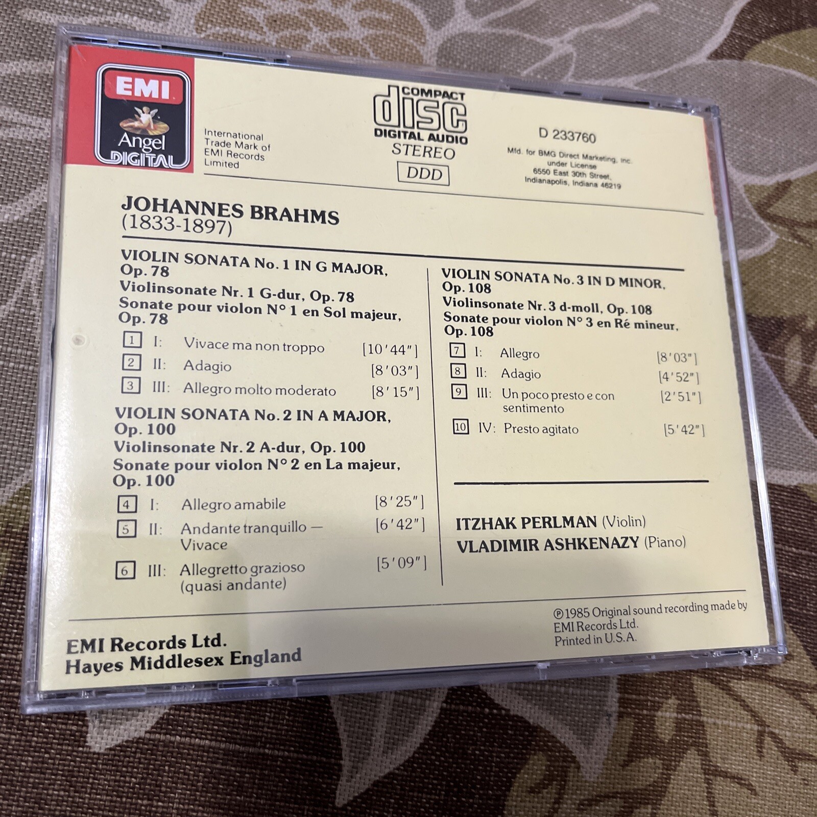 Brahms: Violin Sonatas Nos. 1-3 (CD, Oct-1990, EMI Music Distribution)