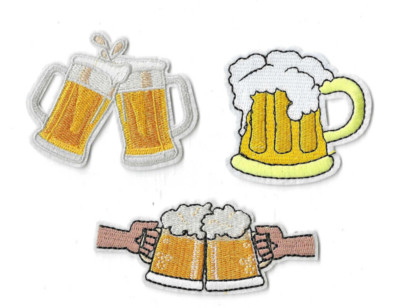 3 x Bierkrüge Patches Aufnäher Aufbügler Emblem Logo  Prost Cheers Salud Salute