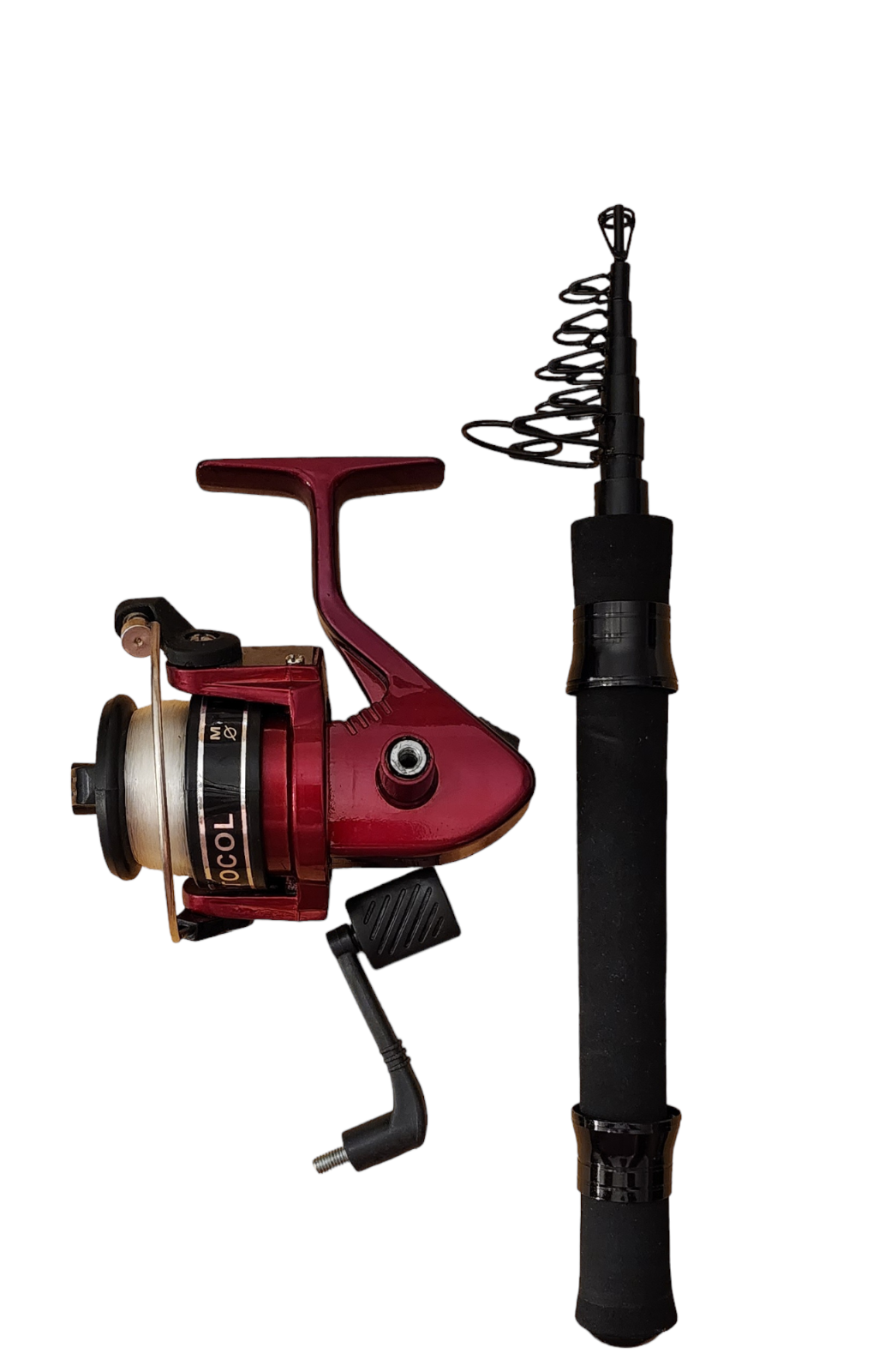 Protocol Red Spinning Fishing Rod and Reel Combo Telescopic Collapsible