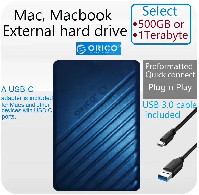 Mac Macbook Air/Pro/Mini 1TB or 500G External Hard Drive iPhone iPad Orico USB-C - Image 2 of 4