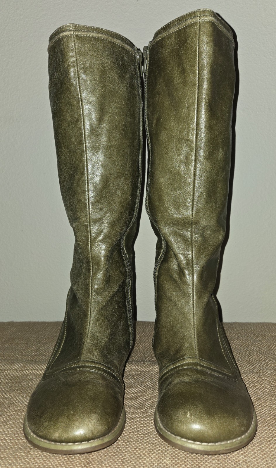 Miz Mooz Billie Olive Green Distressed Leather Knee High Wedge Boots Size 6