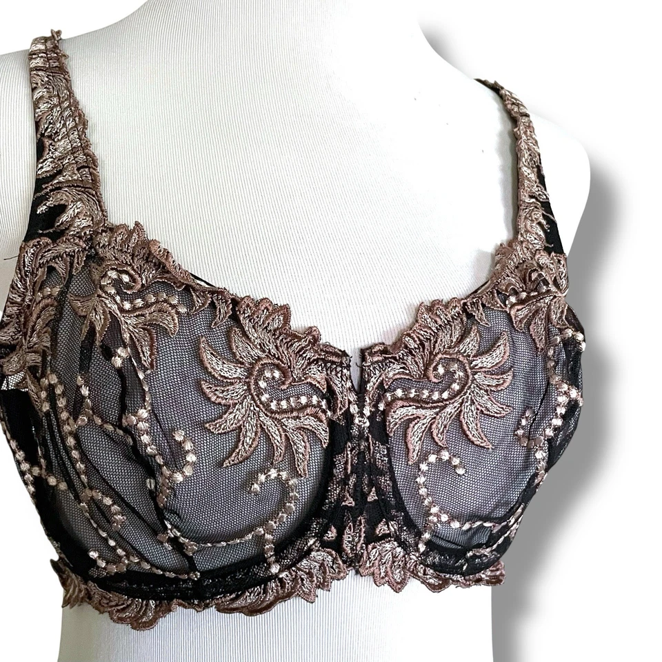 Lunaire 36D 胸罩黑色灰褐色塞维利亚刺绣钢圈透明蕾丝网眼 14011 — 第 4/4 张图片