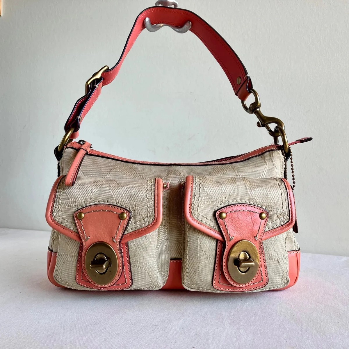 Coach y2k Legacy Pink Leather Canvas Double Turn lock Shoulder Bag