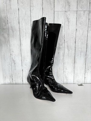 Aeyde Kniehohe Stiefel Schwarz Lackleder Spitz zulaufend Absätze Eur 41