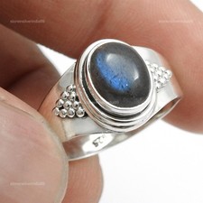 Oval Natural Labradorite Sterling Silver Bezel Ethnic Cocktail Ring Jewelry US 9