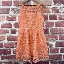 Anthropologie BB Dakota Dress Womens 10 Coral Pink Floral Embroidered Mesh Zip