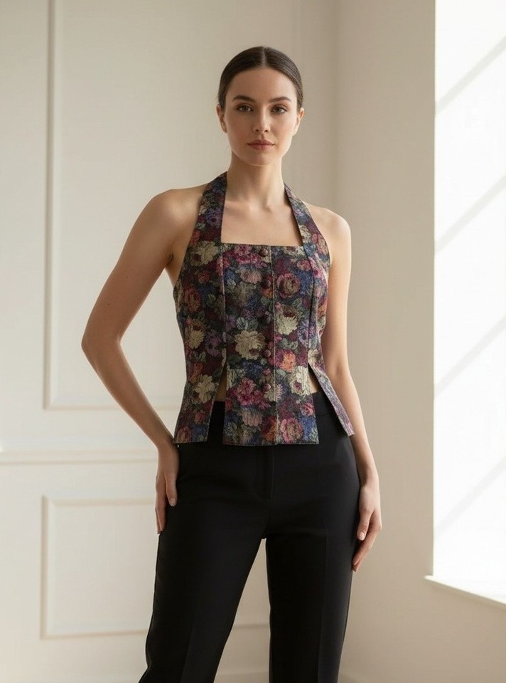 Vintage 1990's  STILETTO  Cut Out Floral Tapestry Halterneck Top -  Size  10 -