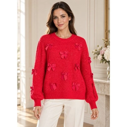 Lilly Pulitzer Zarie Sweater Heathered Cranberry Red Party Bows M NWT 016350 - product listing photo