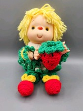 Handmade Crochet Strawberry Shortcake Doll Plastic Head Hands Yarn 12" Vtg