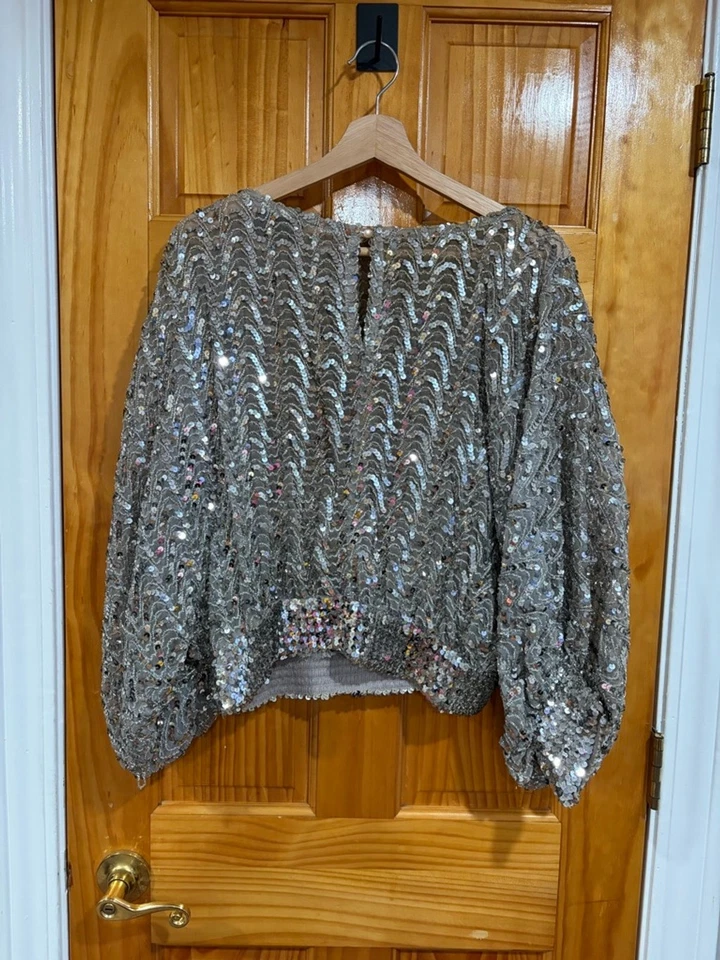 Vintage St. Martin Silver Sequin Beaded Blouse Top 80s Batwing Dolman - Image 4 of 4