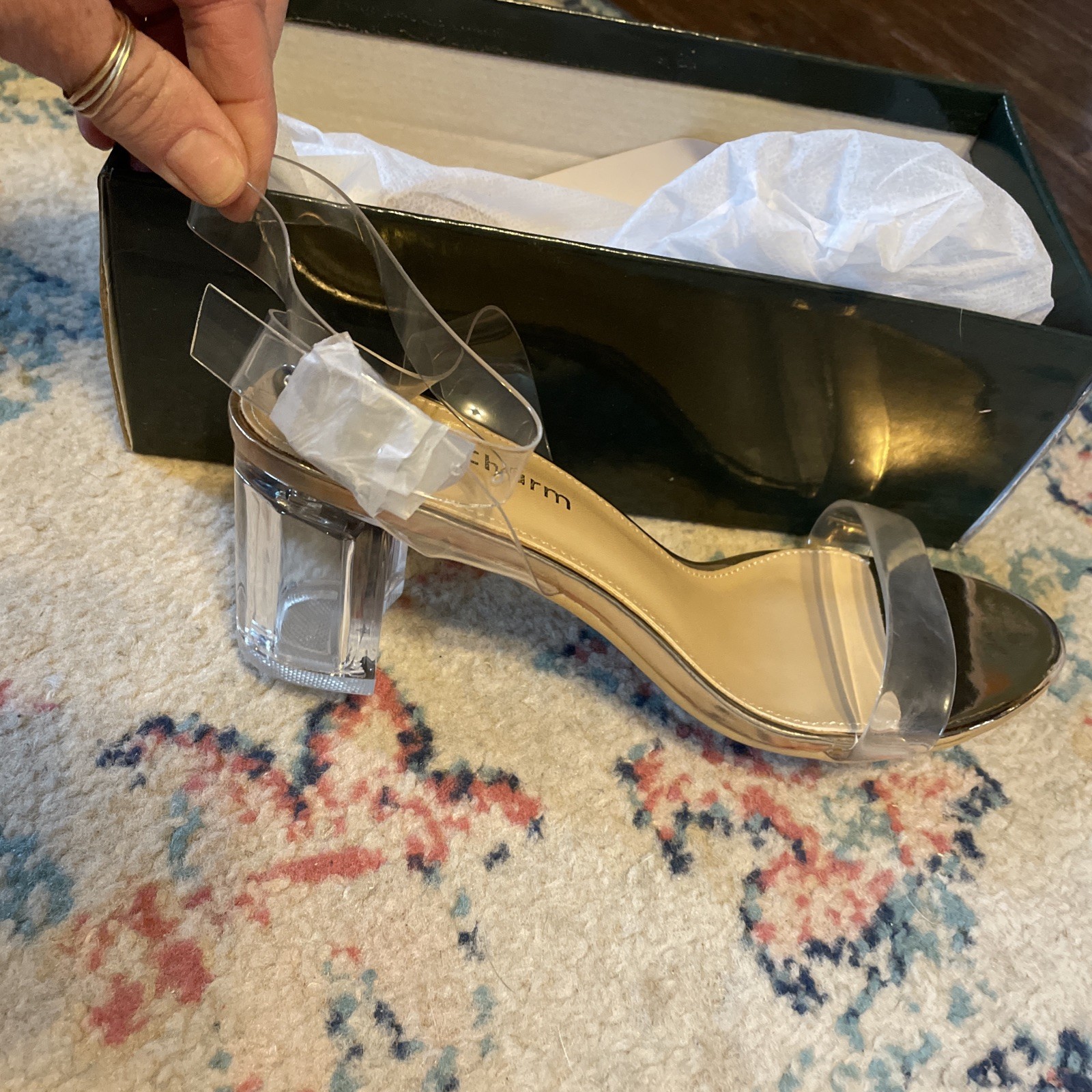 Heels Charm Sandals, Rose Gold with Clear 2” Block Heels and Straps Size 8 NEW-image