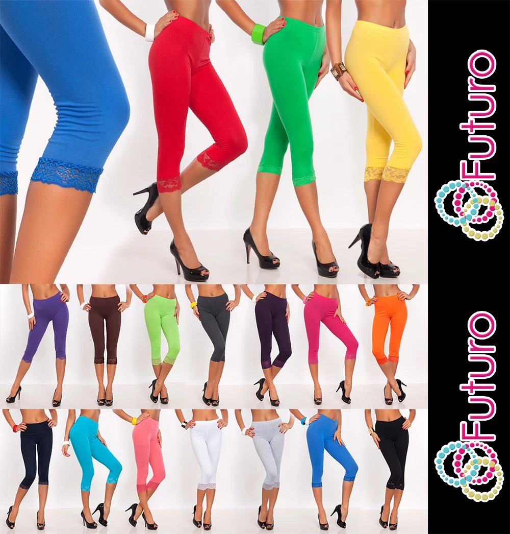 Womens Capri Leggings Cropped 3 4 Lenght Cotton with Lace Colour Mix Sizes 8 20