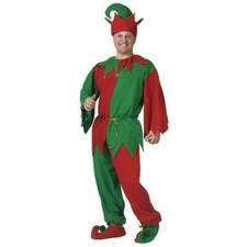 Elf Costume Red/Gr 7 Pc Soft Flannel Pants Top Collar Belt Hat Booties Lg