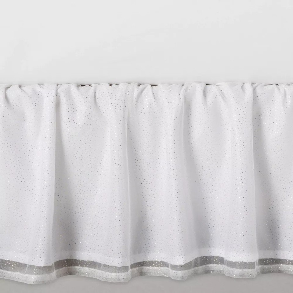 Pillowfort White Glitter Dot Tulle Bedskirt Size Queen 14" Drop Length