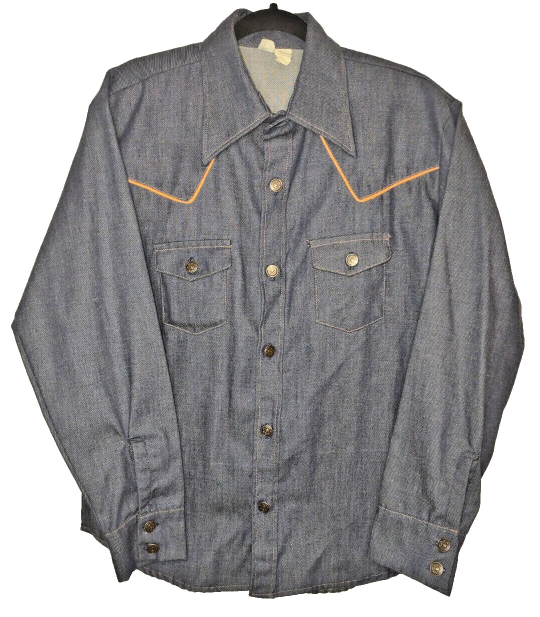 Vintage C&A Cowboy Western Leather Panel Blue Denim Popper Long Sleeve Shirt