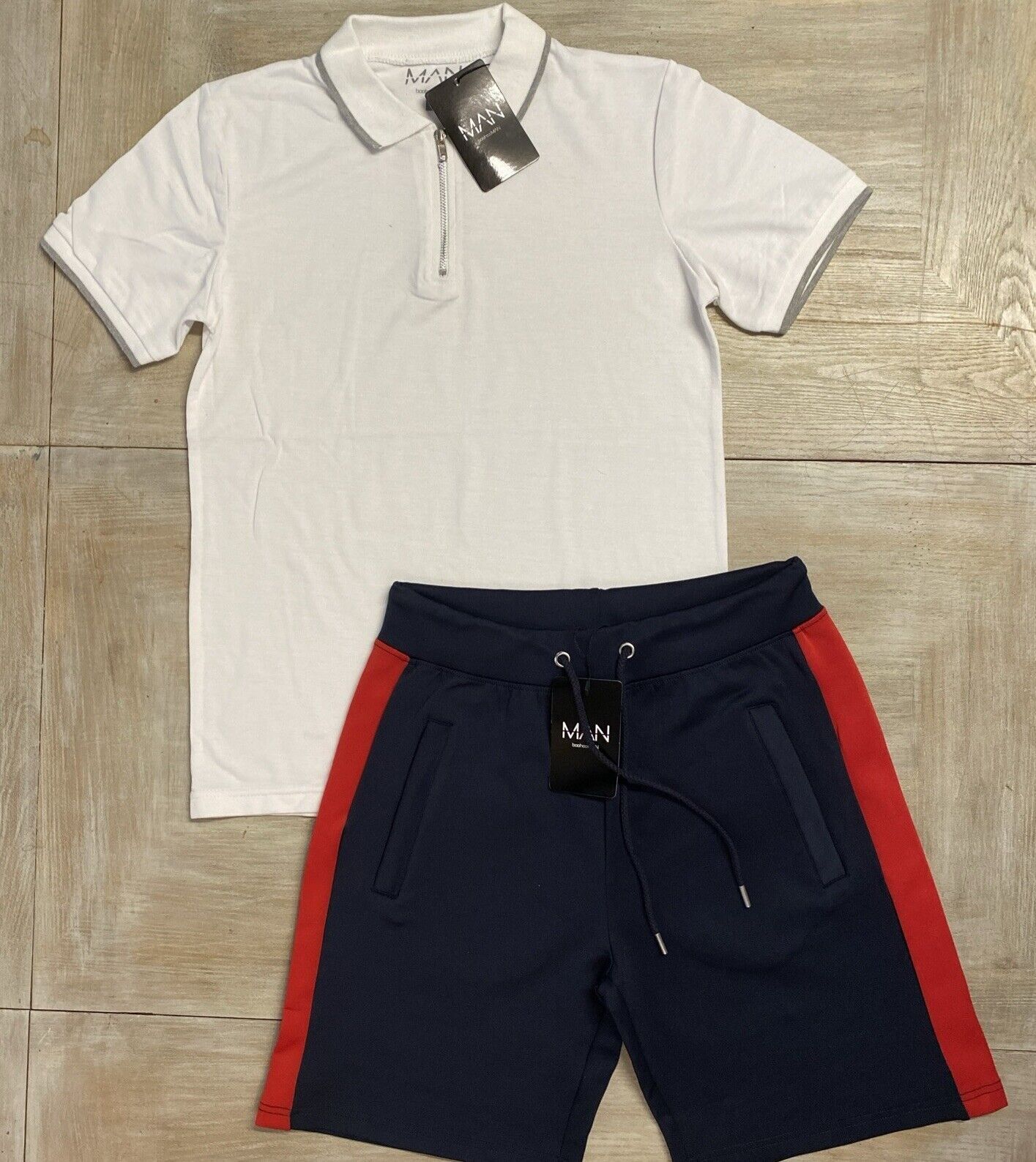 Men's White & Blue Polo Tracksuit Set - Large Summer Outfit RRP £60 Boohoo-image