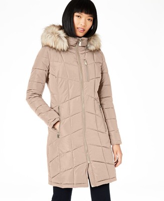 Calvin Klein Petite Faux-Fur-Trim Hooded Puffer Coat, Created for Macy's - Tawny Owl