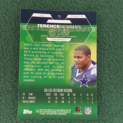 Terence Newman 2003 Topps Finest ROOKIE card #79 Dallas Cowboys - Picture 2 of 2