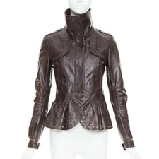 PATRIZIA PEPE brown stiff leather eyelet stud high collar biker jacket IT42 M