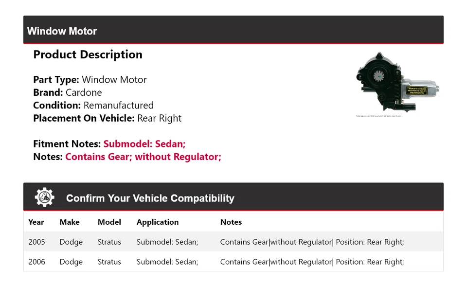 Para Dodge Stratus 2005-2006 sedán ventana motor trasero derecho cardone Foto 2 de 4