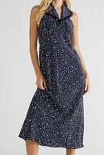 Rixo Sabrina Navy Blue Scatter Dot Spotted Halter  Neck Dress XL UK 16 £285 Bnwt