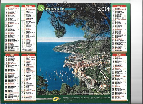 ALMANACH des PTT, CALENDRIER DES POSTES - 2014 Villefranche sur Mer , St Tropez