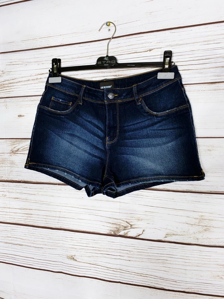 Shorts jeans Joe Boxer Juniors tamanho 9 azul elástico 5 bolsos cintura média mistura de algodão - Imagem 3 de 4
