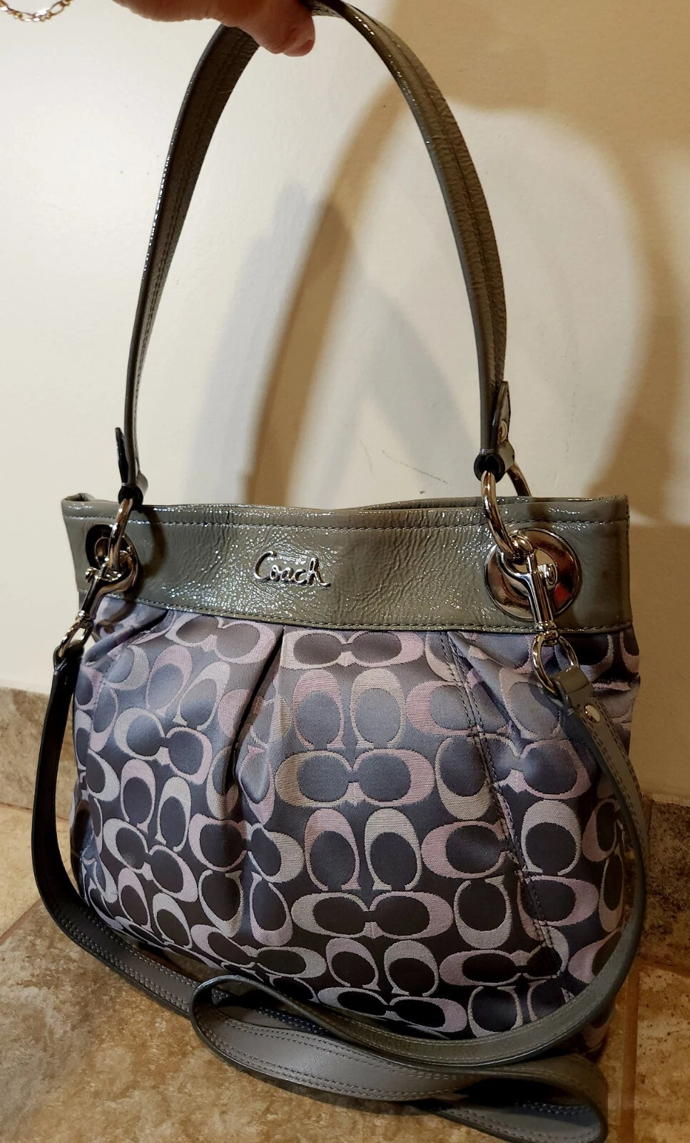 Coach Borsa a tracolla vintage grigia monogramma tela pelle manico superiore