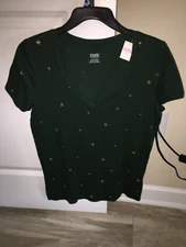 NWT NEW VICTORIA'S Victoria SECRET V Neck Basic T Shirt Tee Small S Stars Green