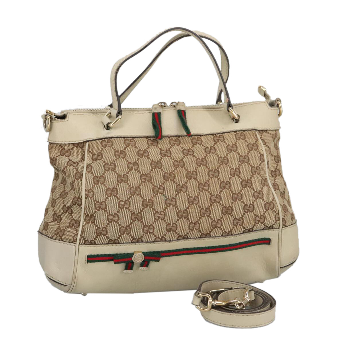 GUCCI GG Canvas Web Sherry Line Hand Bag 2way Beige Red GUCCI GG Canvas Web Sherry Line Hand Bag 2way Beige Red