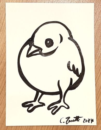 CHRIS ZANETTI Original Ink Drawing BABY BIRD Chicken Minimalist Art 8"x6" Signed - Picture 1 of 6