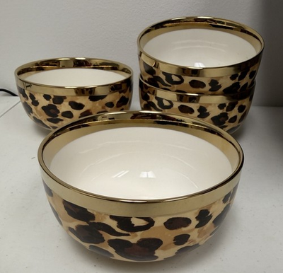 #ad Pampa Bay Set of 4 Porcelain Bowls Leopard Print Gold Rim NEW $65.00