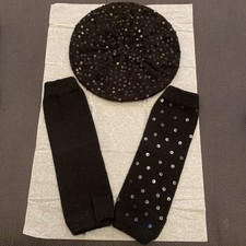 Ladies Beret Hat & Fingerless 1/2 Arm Gloves Black Acrylic/Sequins. One Size VGC
