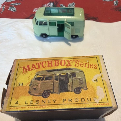 Vintage 1962 MATCHBOX LESNEY No. 34 Volkswagen Caravette Camper Car MIB Green VW