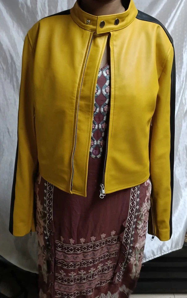 MEJOR Nueva Chaqueta de Cuero Amarilla para Mujer 100% Piel de Cordero Real Bomber Chaqueta de Motociclista Foto 2 de 4