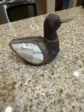 Wooden duck with mother-of-pearl wings with brass and copper 1960s.